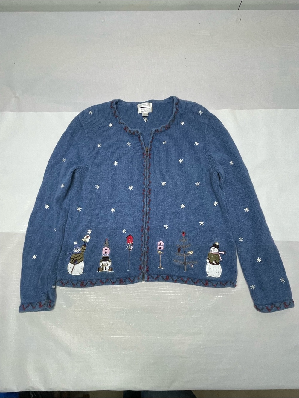 Christopher & Banks Blue Embroidered Snowman Cardigan Sz: Large